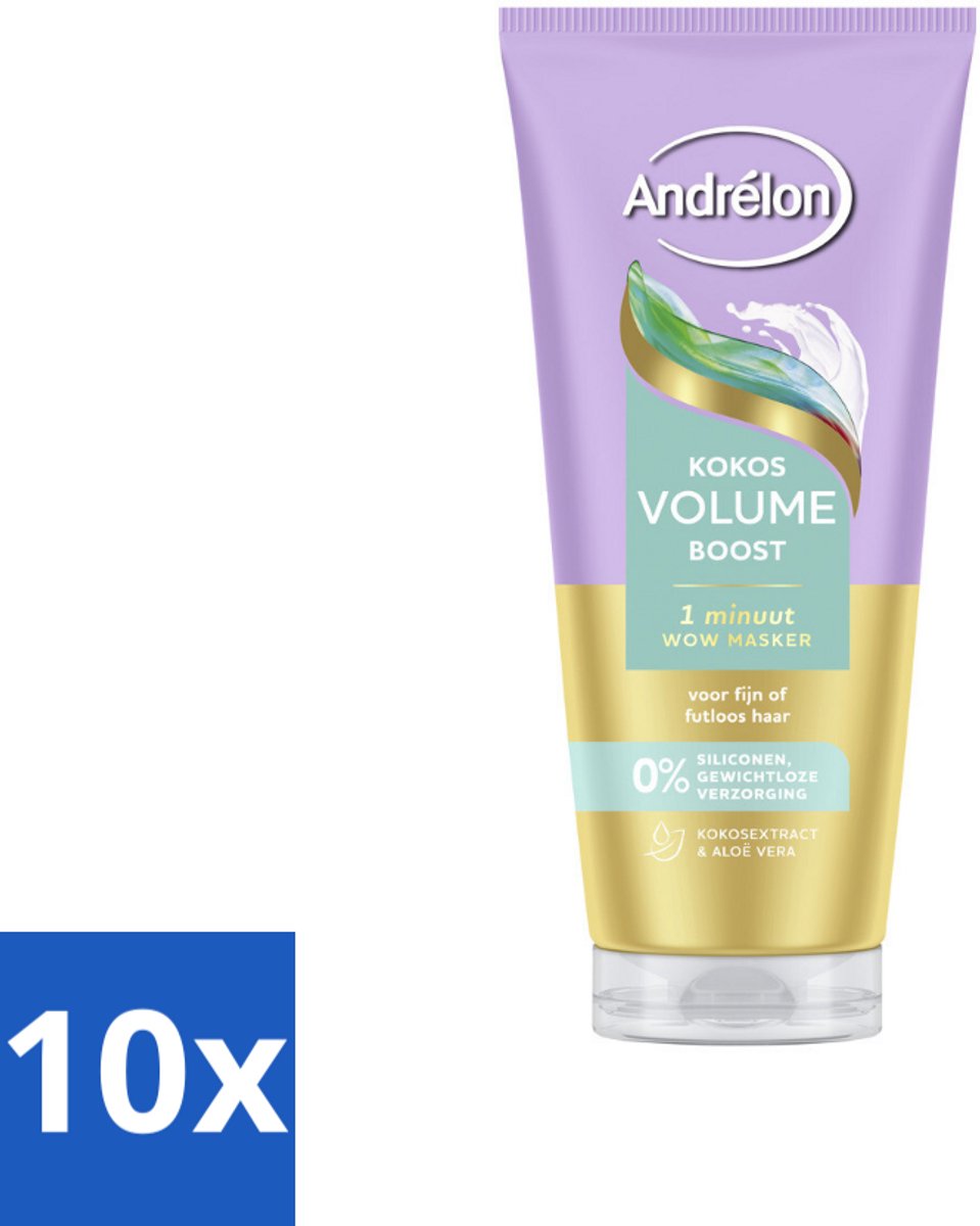 10 x Andrélon – Haarmasker WOW – Kokos Volume Boost – 180 ml - Haarmasker - Volume Boost - Kokos Volume - Fijn Haar - Futloos Haar
