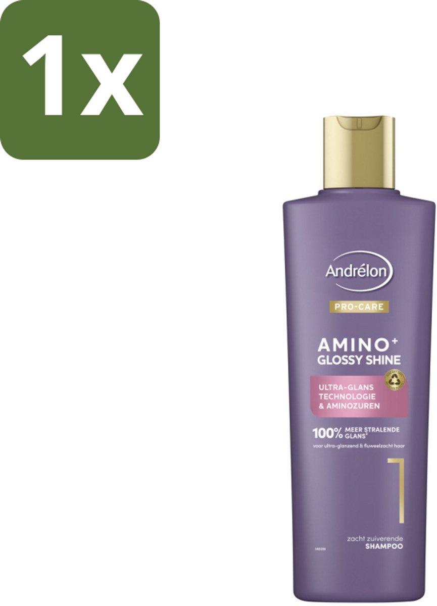 1 x Andrélon – Shampoo – Pro Care Amino+ Glossy Shine – 250 ml - Glans Haar - Zachtheid Haar - Stralend Haar - Aminozuren Shampoo - Ultra-glans Technologie
