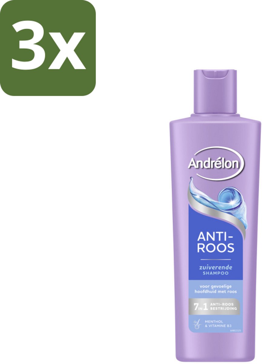 3 x Andrélon – Shampoo – Anti Roos – 250 ml - Anti-roos Shampoo - Roos - Gevoelige Hoofdhuid - Menthol - Vitamine B3