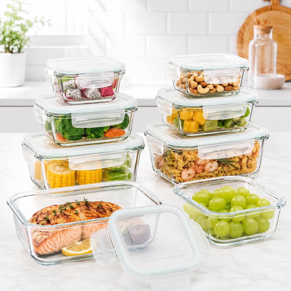 Dutchers® Glazen Vershouddozen met Deksel – 8-delige Set – Bento Box – Food Prep Bakjes – Meal Prep Bewaardozen – Borosilicaatglas – Lunchbox – Vershouddoos – 150 t/m 1040 ml