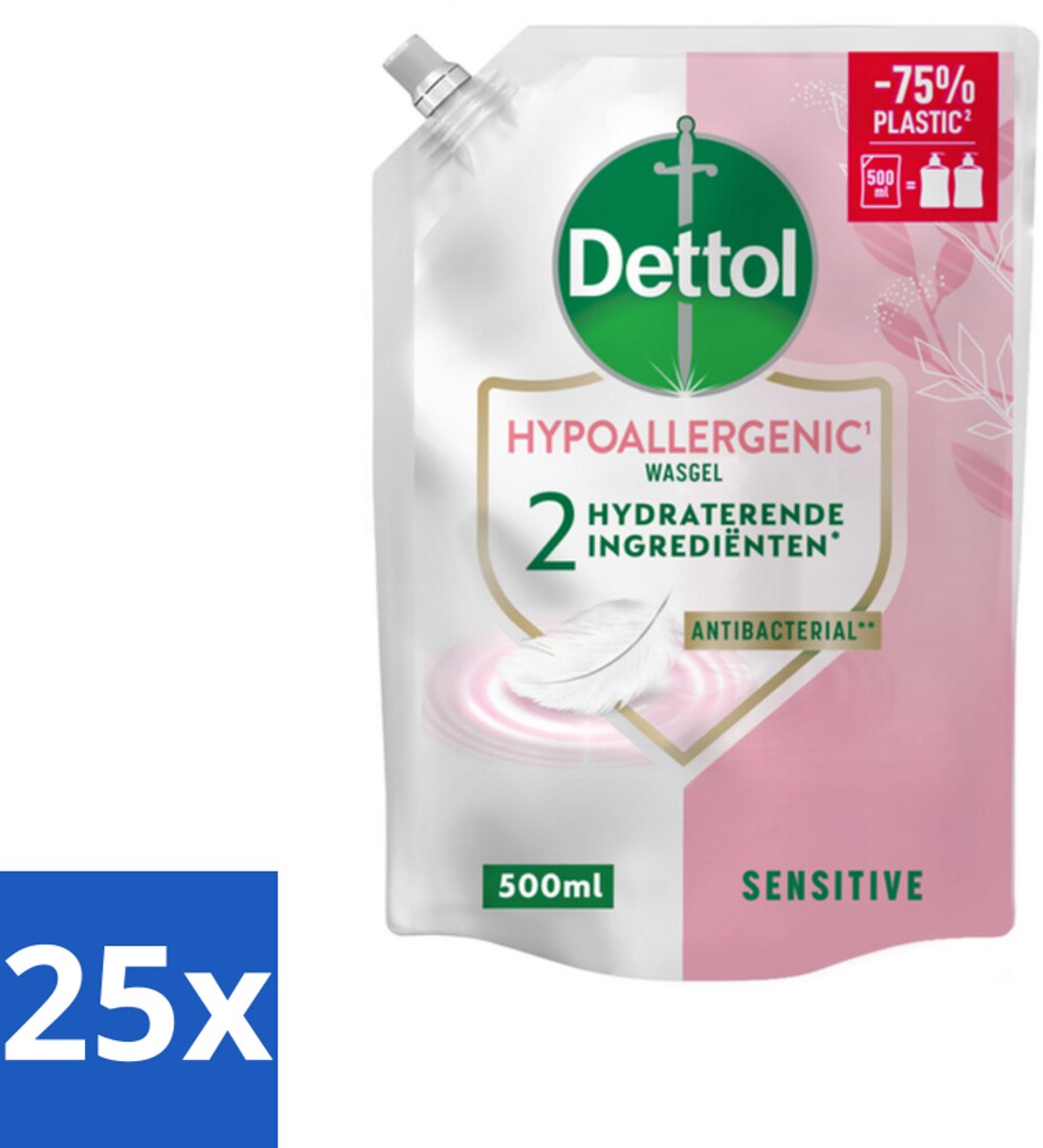25 x Dettol - Handzeep Navulling - Hypoallergenic - Sensitive - 500 ml - Handzeep Navulling - Hypoallergenisch - Gevoelige Huid - Antibacterieel - Handverzorging