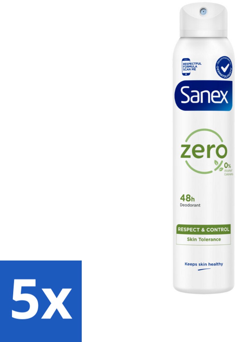 5 x Sanex - Deodorant Spray - Zero% Normal Skin - Zonder Toevoegingen - 200 ml - Sanex Zero% Deodorant Spray - Deodorant Spray Normale Huid - Frisheid Zonder Toevoegingen - Aluin Deodorant - Dermatologisch Getest