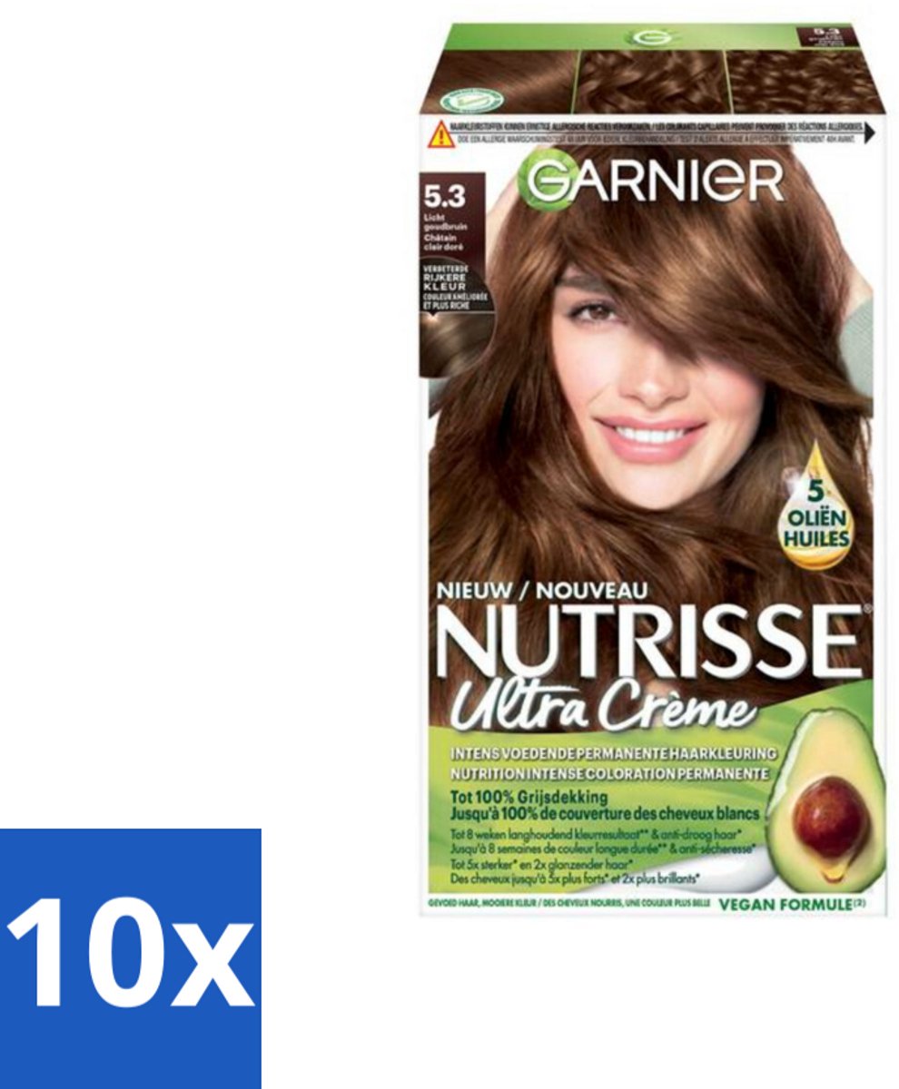10 x Garnier - Nutrisse Ultra Crème 5.3 - Haarkleuring - Licht Goudbruin - Intens Voedend - Permanente Kleur - Haarkleur - Haarverf - Voedende Haarkleuring - Permanente Kleur - Grijsdekking