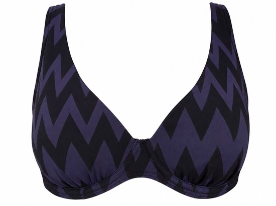 Donkerblauwe bikinitop met zigzagpatroon.