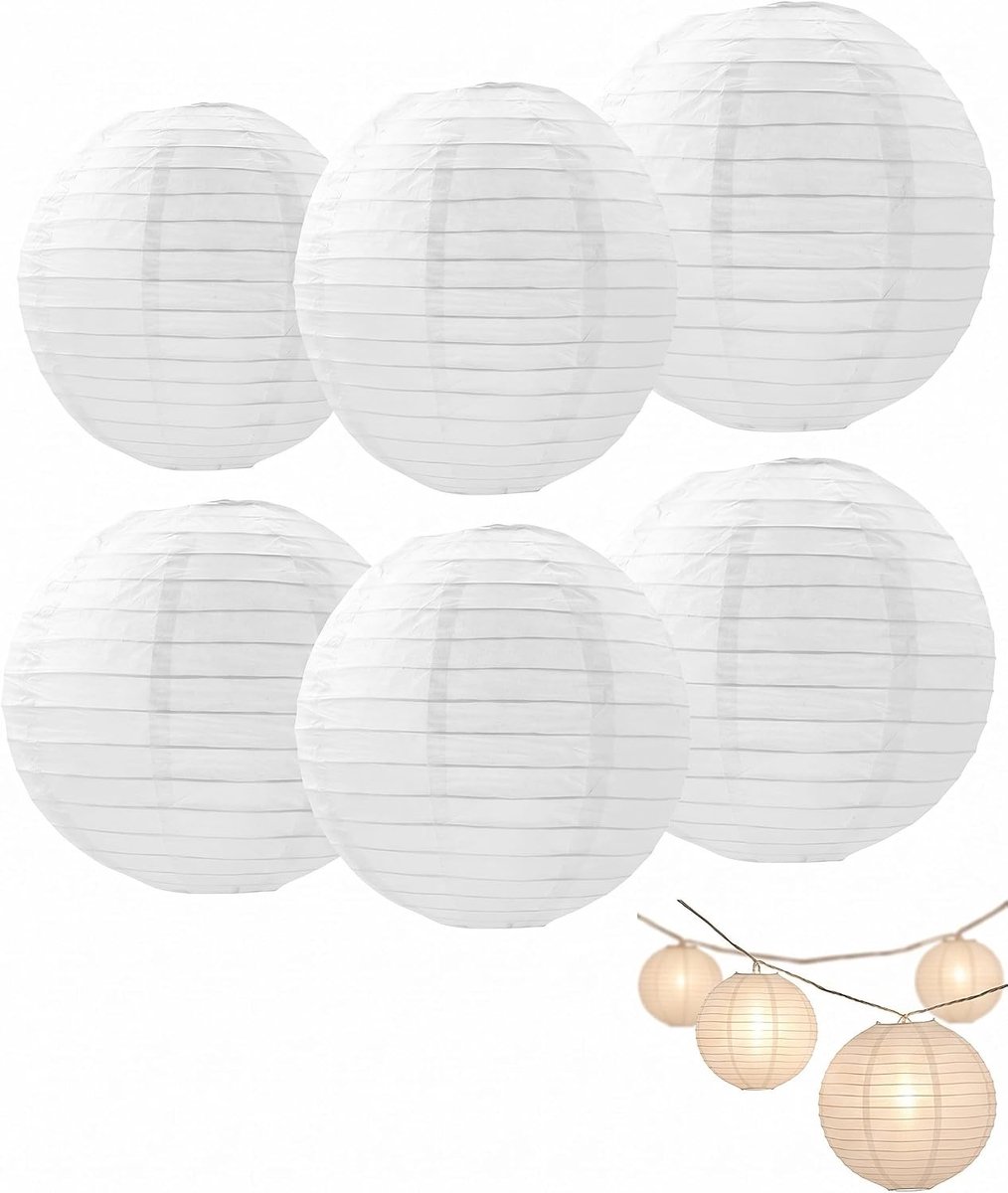 Papieren lantaarns, 6 stuks, wit, Chinees model met geïntegreerde haken, zachte verlichting voor bruiloften, feesten - ShopVlot