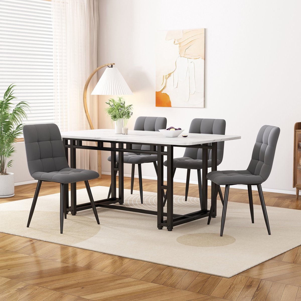 Eettafel Set Met 4 Stoelen Modern Ontwerp Voor Woonkamer En Eetkamer Hout En Metaal Grijs 120x70 Cm