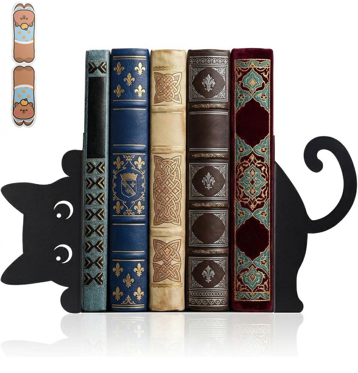 Famanu Katten boekensteunen van metaal, set van 2 stuks, decoratieve boekenhouders voor planken, met magnetische bladwijzer, ideaal voor thuis en kantoor Zwart
