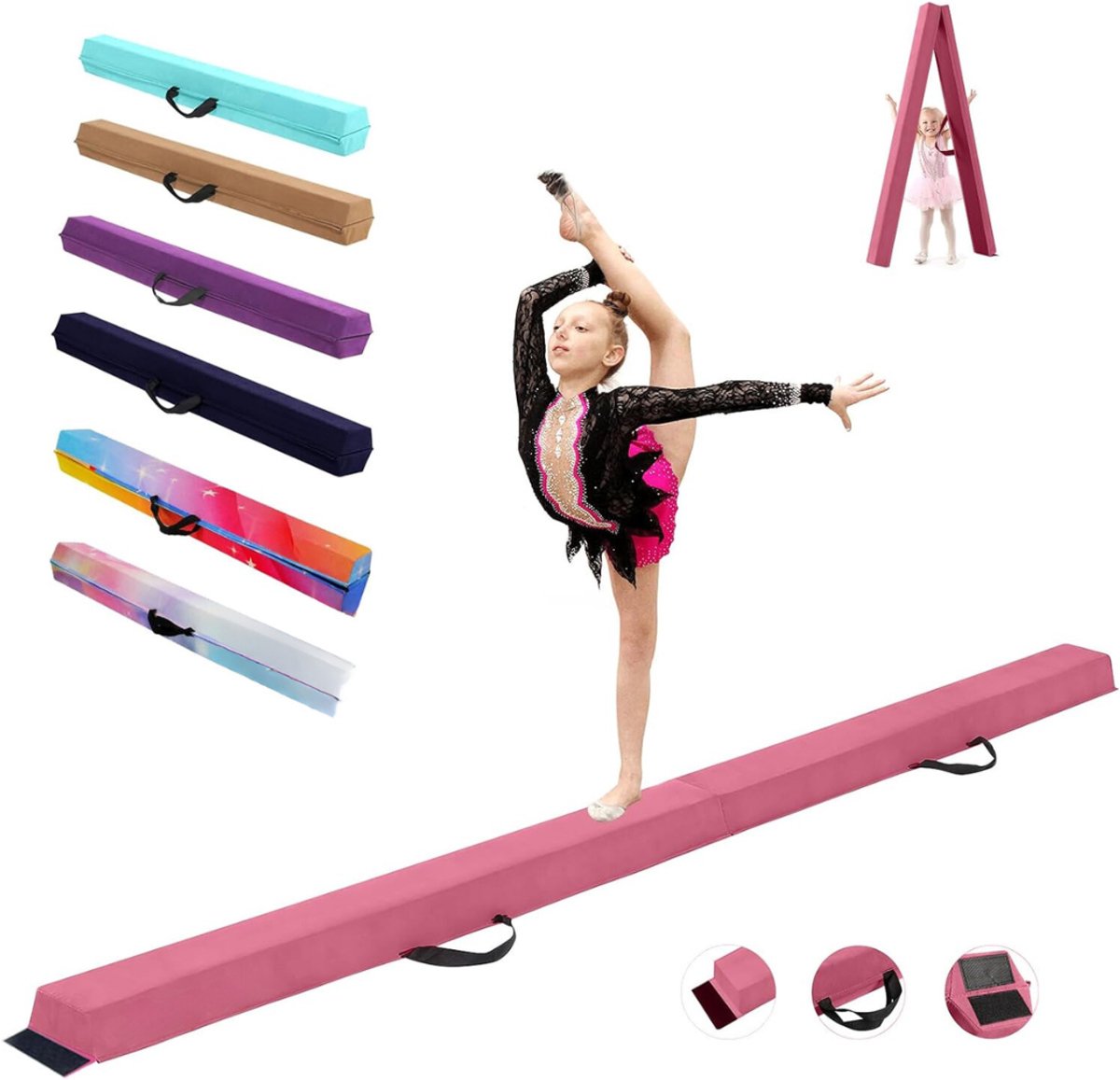 QUOVO® Turnbalk voor Thuis - Evenwichtsbalk Met Schuimstoflaag - Balanstrainer - Balans Speelgoed – Opvouwbare Turn Balk – 300 cm - Roze - 240cm x 10cm x 6cm