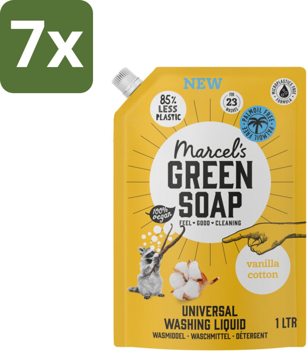 Marcel's Green Soap - Vloeibaar Wasmiddel - Navulling - Vanille & Katoen - Effectief & natuurlijk - 23 Wasbeurten - 1 liter - Bulkverpakking - 7 stuks