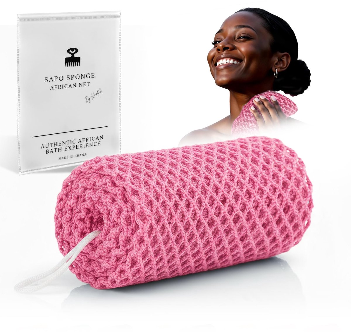 Badspons lange exfoliërende badspons - authentieke Afrikaanse netspons - met ophangkoord - ShopVlot
