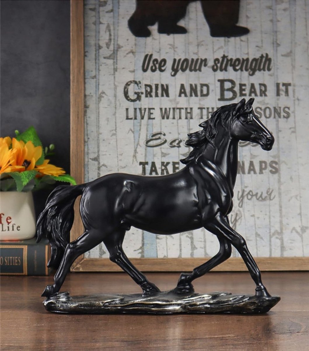 Paardenbeeld - Zwart - 29,3 x 8 x 25 cm - Handgemaakt van Hars - Voor Dierliefhebbers