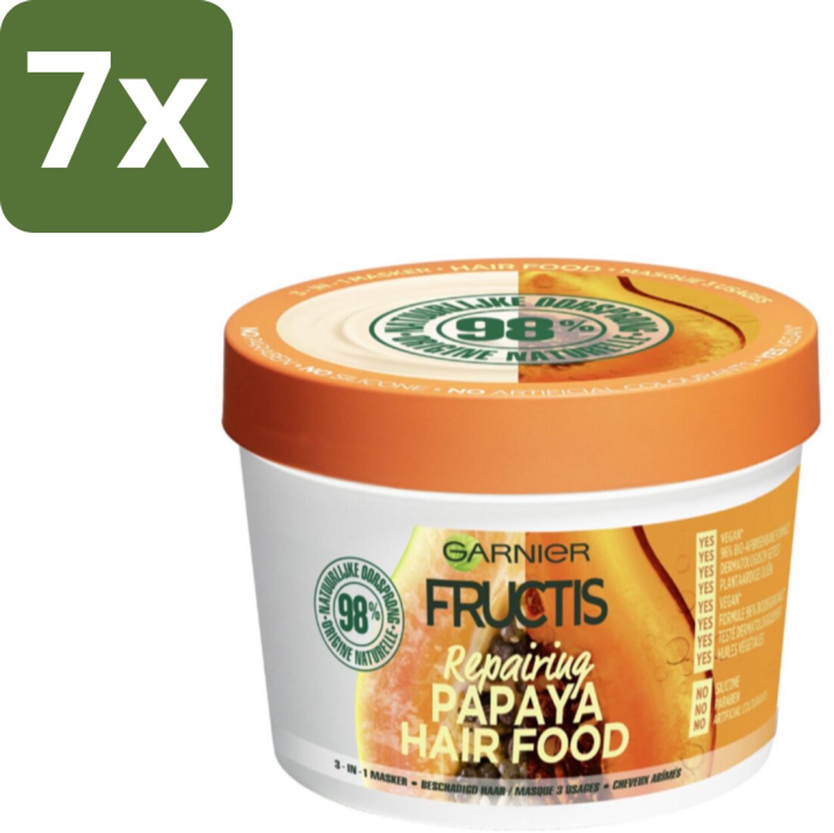 Garnier - Fructis Hair Food Papaya - 3-in-1 Haarmasker - Beschadigd Haar - 400 ml - Bulkverpakking - 7 stuks