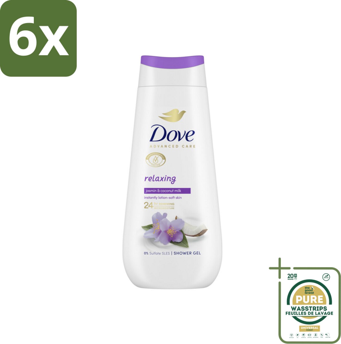 Dove Douchecrème - Relaxing - Kokos & Jasmijn - 225 ml - Voordeelverpakking - 6 stuks - Hydraterend - Jasmijn