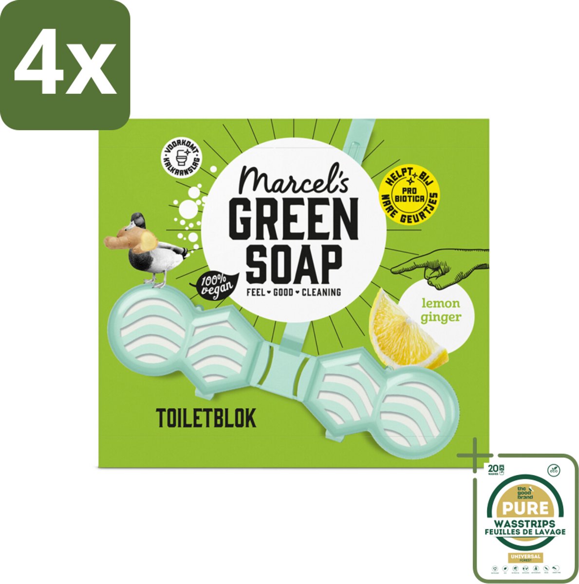 Marcel's Green Soap - Toiletblok - Citroen & Gember - Langdurige werking - 1 Toiletblok - Voordeelverpakking - 4 stuks - Natuurlijke schoonmaak - Citroen geur