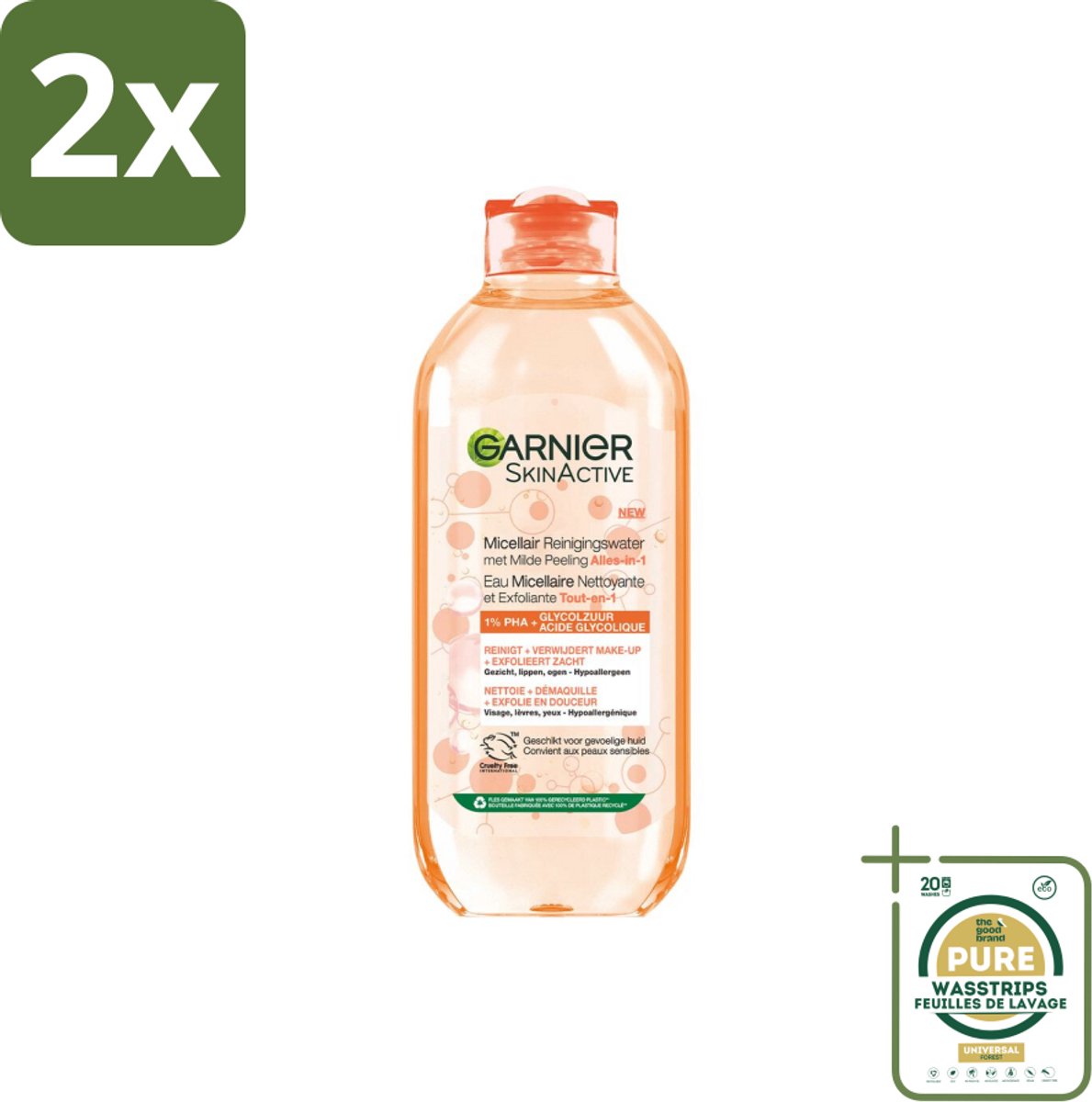 Garnier - SkinActive - Micellair Reinigingswater - Milde Peeling - Alles-in-1 - 400 ml - Voordeelverpakking - 2 stuks - Peeling - Gezichtsreiniger