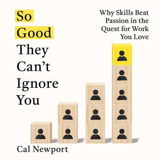 Boekcover met tekst 'So Good They Can't Ignore You' en 'Cal Newport'. Houten blokken met poppetjes vormen een oplopende grafiek.