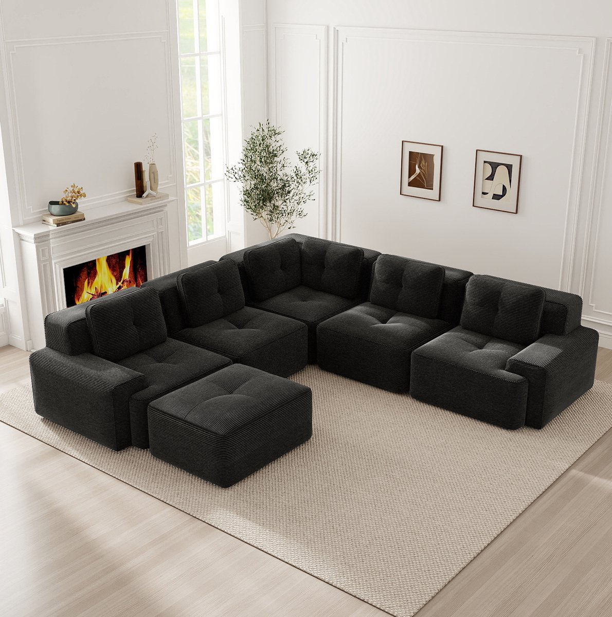 MODENUIT Hoekbank 5-Zits - Modulaire Opstelling Met Ottomane - Woonkamer En Kantoor - Corduroy - Zwart