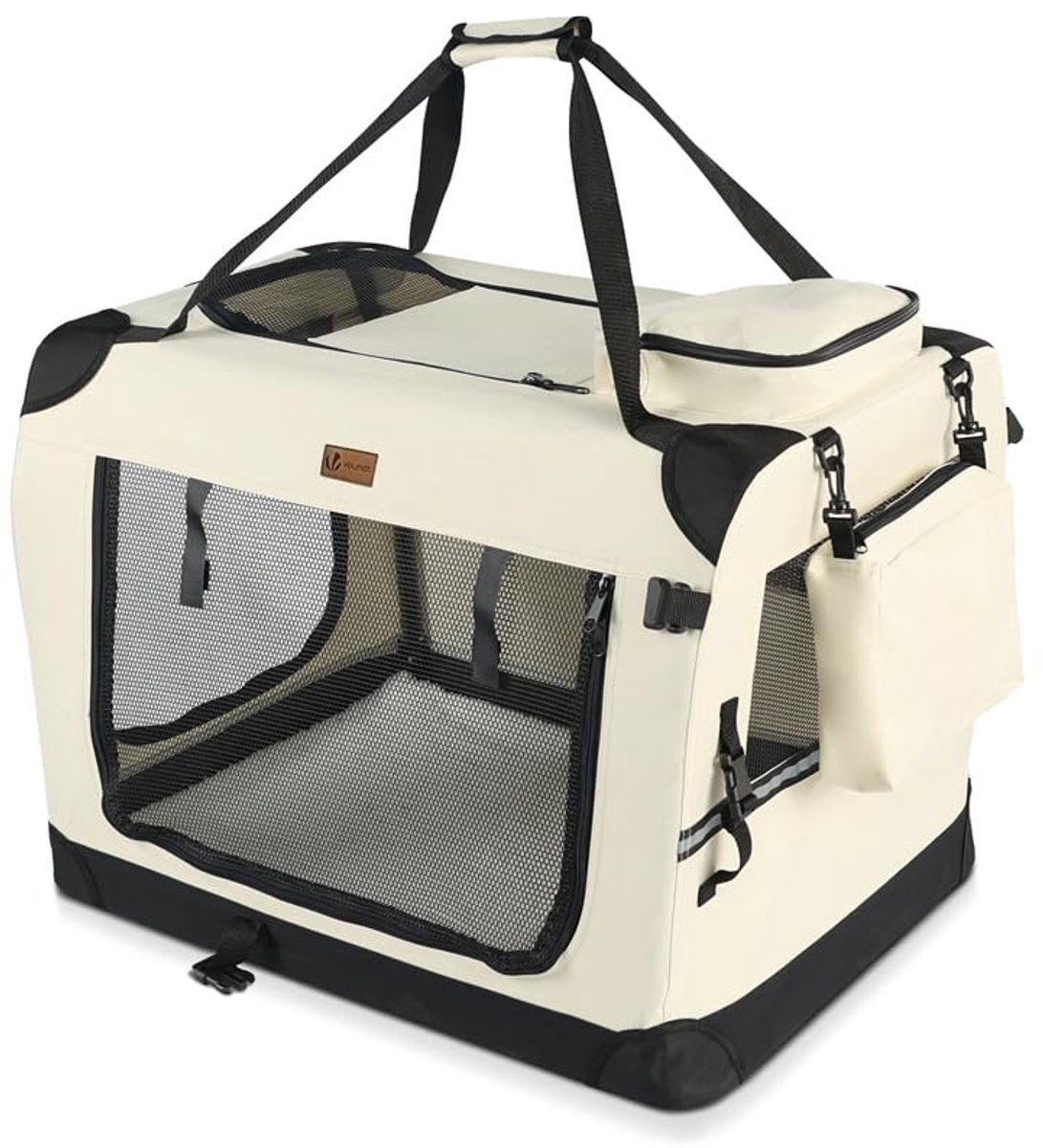Famanu – Opvouwbare draagtas voor honden en katten, ademende transportbox met afneembare pluche matras, handdraagbaar en schouderriem, ideaal voor huisdieren, S, beige