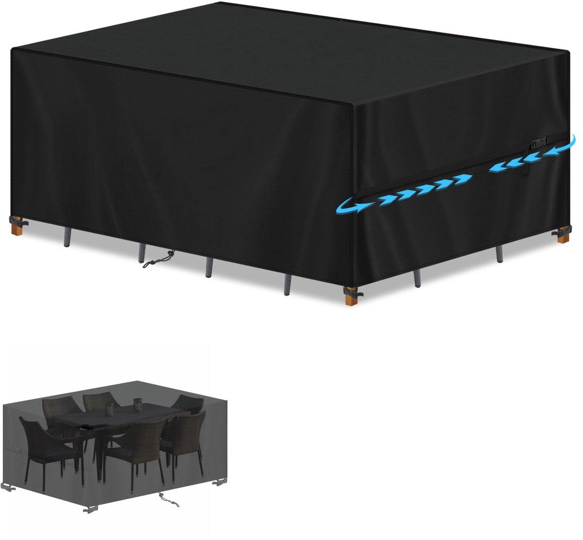 Famanu Waterdichte beschermhoes voor tuintafel, 420D Oxford UV-bestendig, afmeting 150 x 80 x 70 cm, ideaal voor het beschermen van tuinmeubelen Zwart