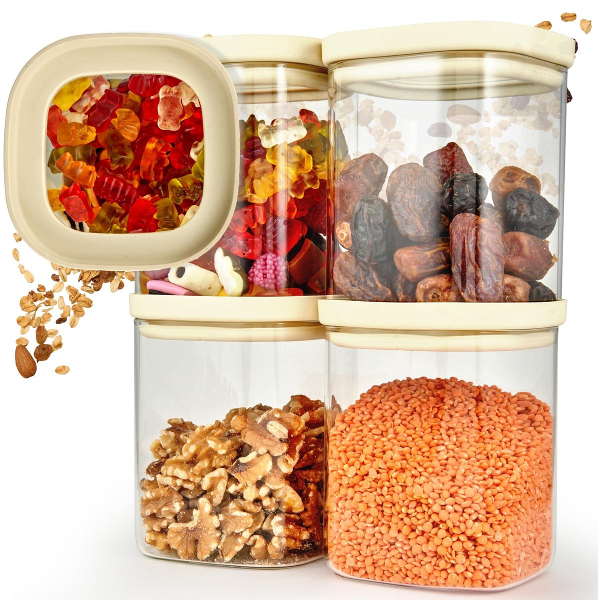 Famanu – Set van 4 voorraadpotten met deksel van borosilicaatglas, luchtdicht en stapelbaar, voor keukenopslag, 4 x 1000 ml