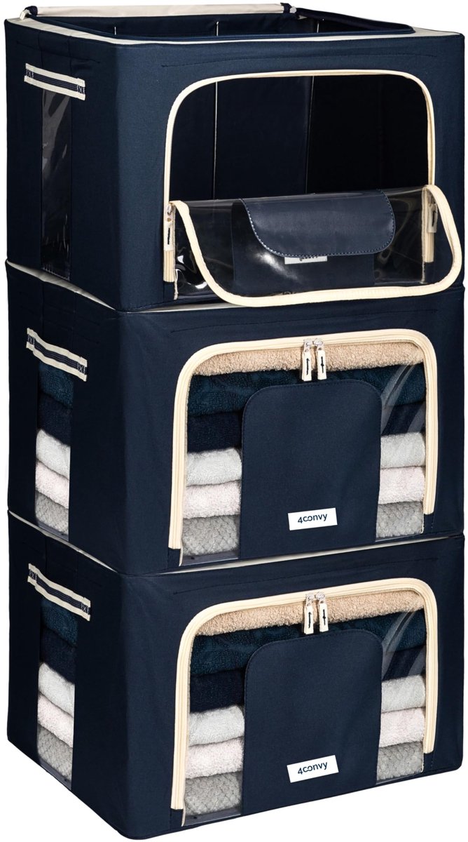 Famanu – Kledingboxen met metalen frame, stevige opbergboxen voor kleding en dekbedden, stapelbaar met doorzichtig venster en handgrepen, opvouwbaar, set van 3, 66L