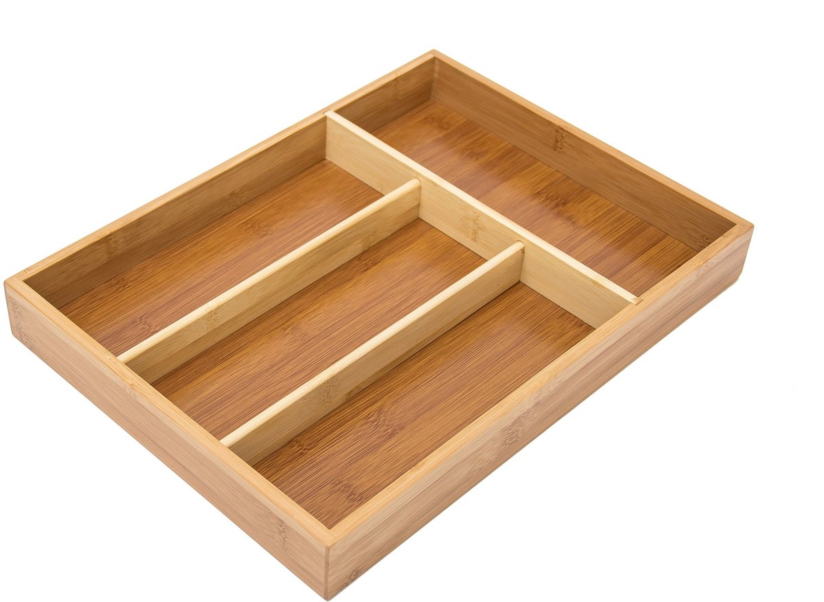 Famanu – bestekbak bamboe, met 4 vakken, H x B x D: ca. 4 x 25 x 34 cm, bestek organizer, onderhoudsvriendelijk, natuur