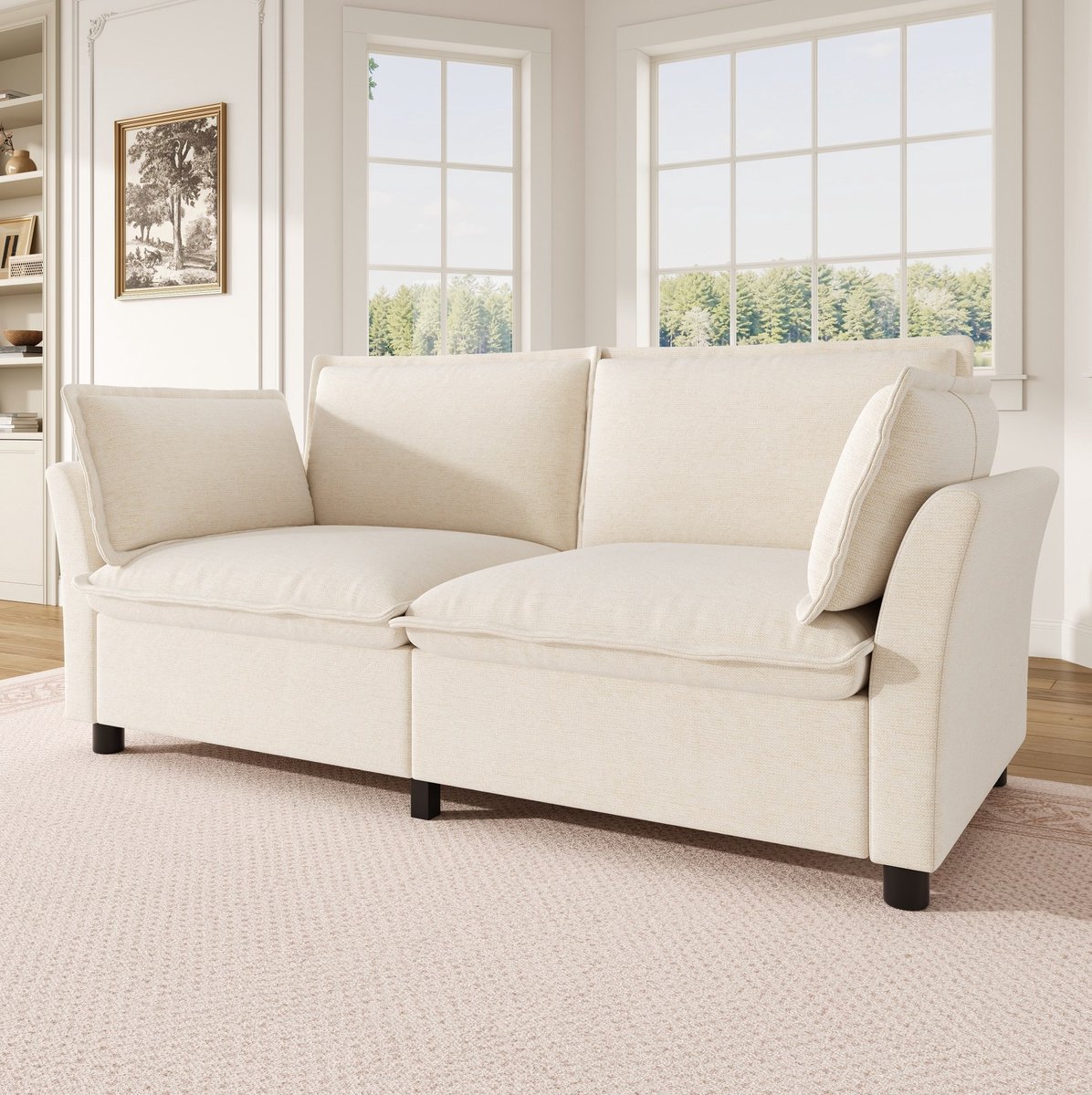 MODENUIT Zitbank 155 x 81 x 87 cm - Chenille - Met 2 Armleuningkussens - Voor Woonkamer en Slaapkamer - Beige