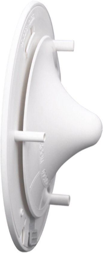Zijaanzicht van een witte ronde voor- of afvoerunit. De unit heeft een conische vorm en drie bevestigingspunten.