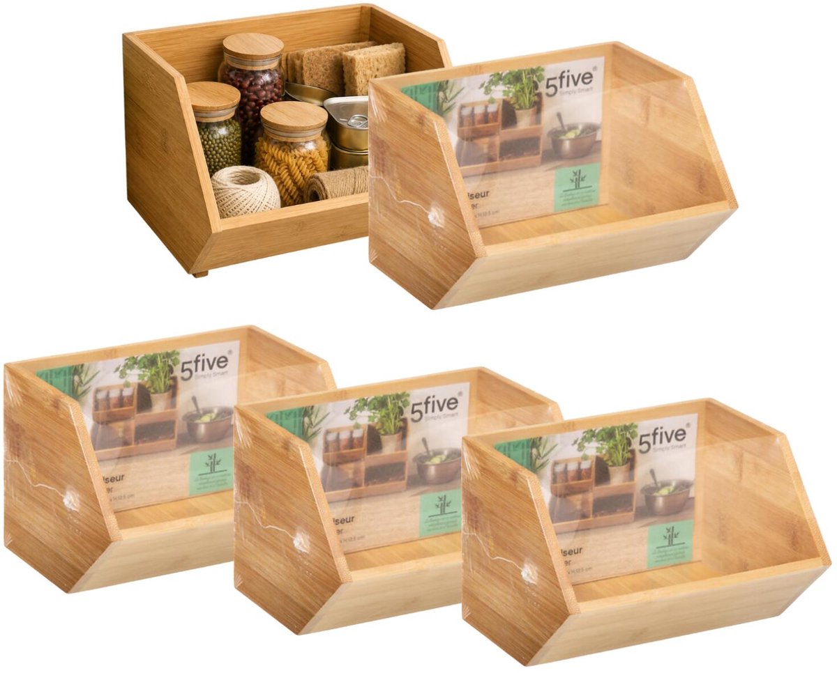 5Five Stapelbare opbergmand 1 vaks organizer - 5x - L18 x B15.5 x H12 cm - bamboe hout - lichtbruin