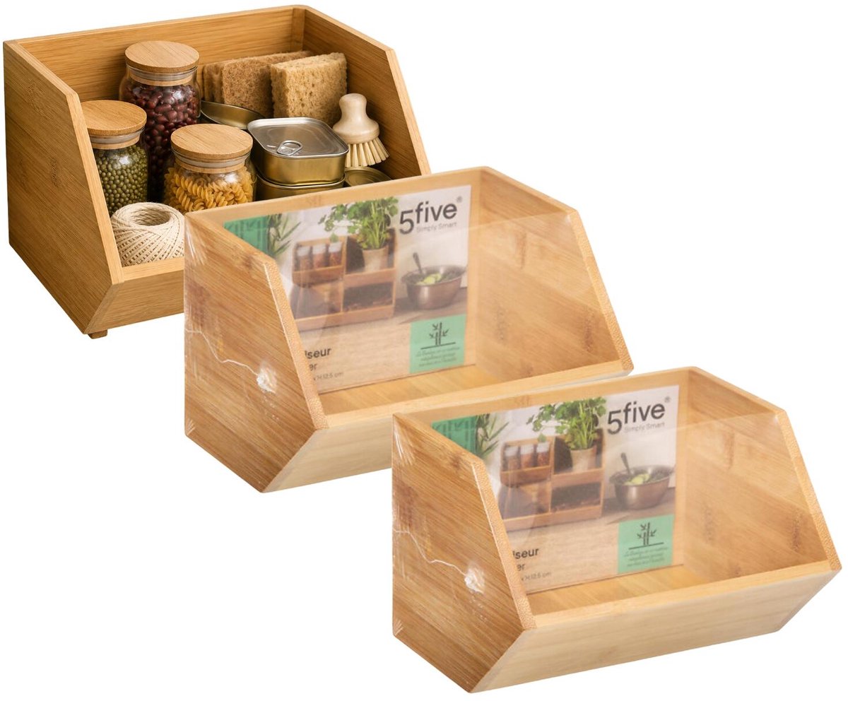 5Five Stapelbare opbergmand 1 vaks organizer - 3x - L18 x B15.5 x H12 cm - bamboe hout - lichtbruin