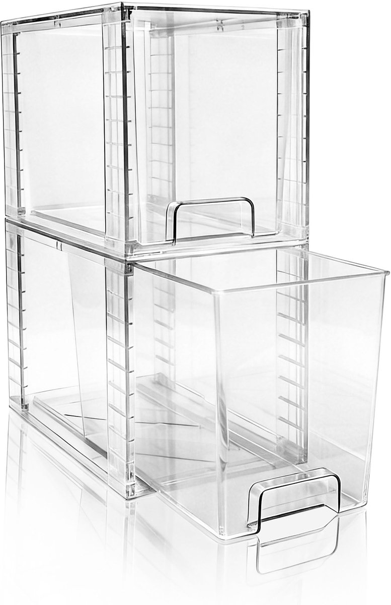 Famanu – Set van 2 hoge stapelbare transparante opberglades, kunststof organizers met handvat, ideaal voor badkamer, onder gootsteen, kast en keuken