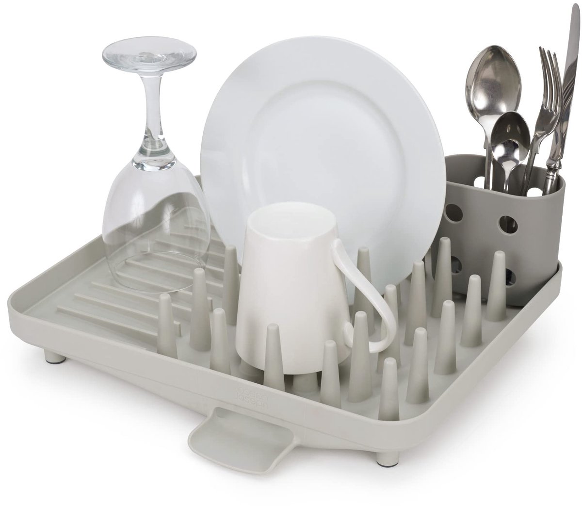 Famanu – Compact afdruiprek voor de keuken met keukengerei pot en afvoer, grijs
