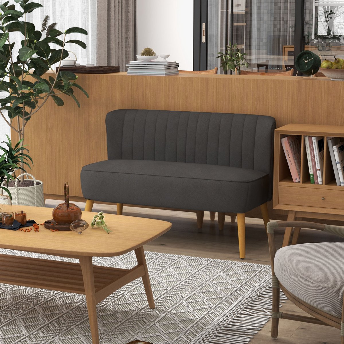 MODENUIT Zitbank 117 x 56,5 x 77 cm - 2-Zits - Met Polyester Bekleding En Houten Poten - Donkergrijs