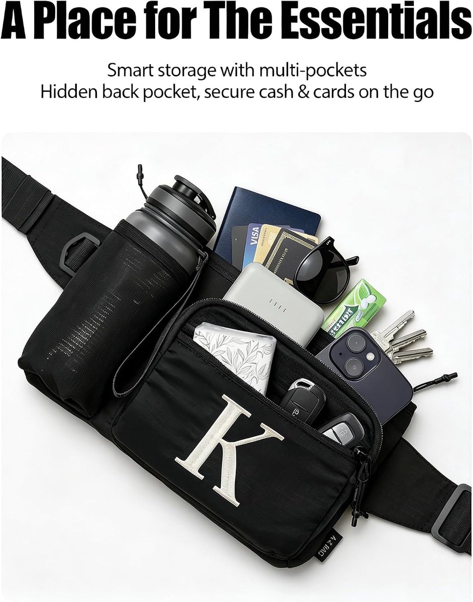 A-Z BAG Men's Fanny Pack with Water Bottle Pocket, A-Z Custom Embroidery Crossbody Bag for Women, Adjustable Waist Bag - ShopVlot