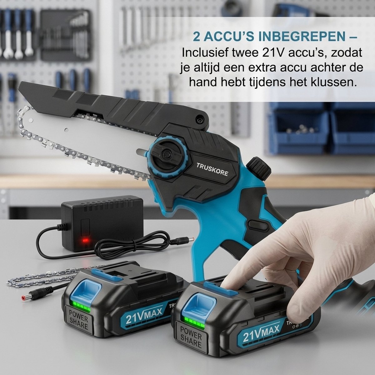 Truskore Mini kettingzaag 20cm - Accu Kettingzaag - Inclusief Opbergkoffer, 2 Accu's (4.0Ah) & 2 Kettingen thumbnail 4