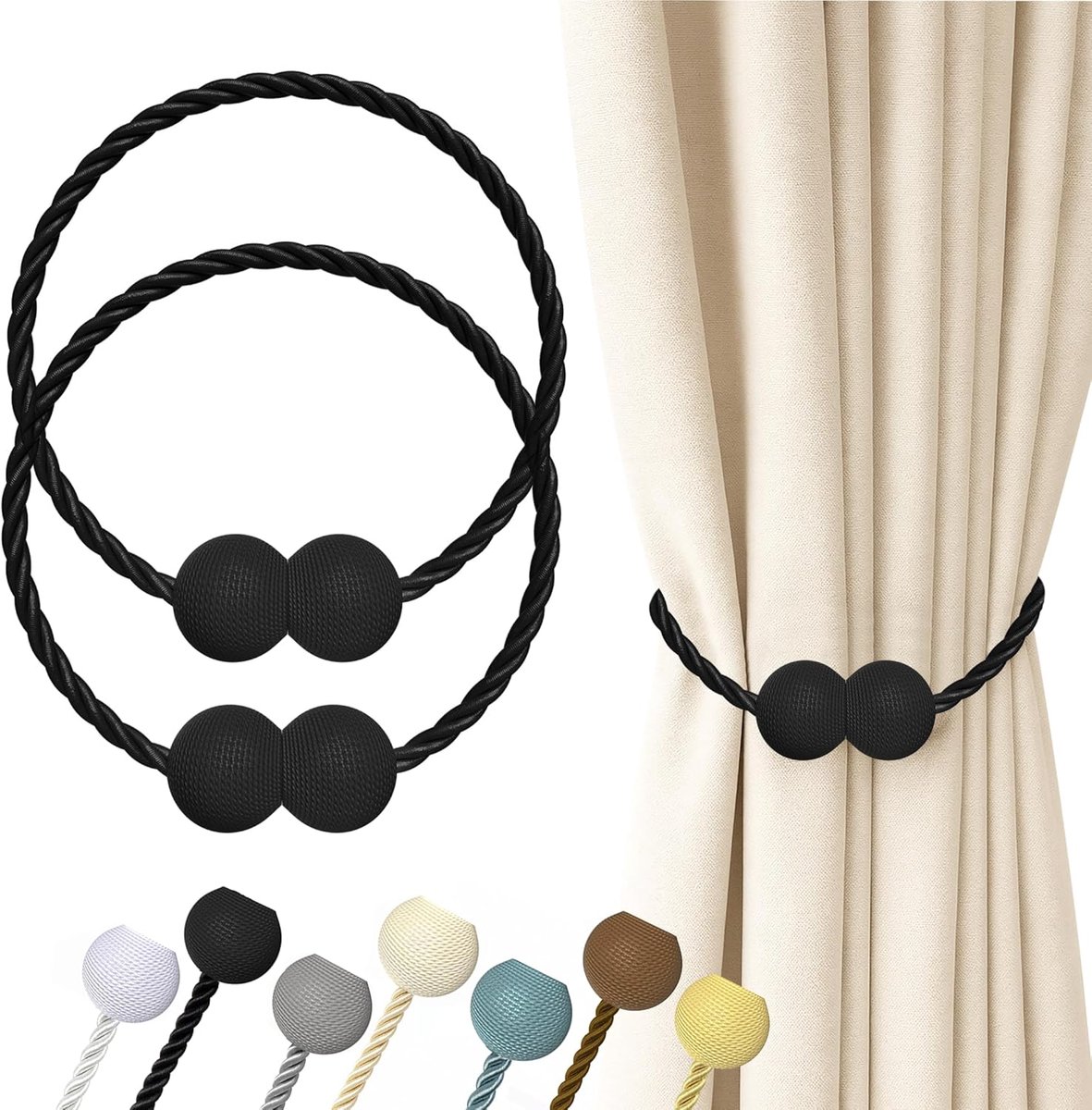 Hion Magnetische gordijnbinders, zwart, 2 stuks, voor huisdecoratie, slaapkamer, kantoor - ShopVlot