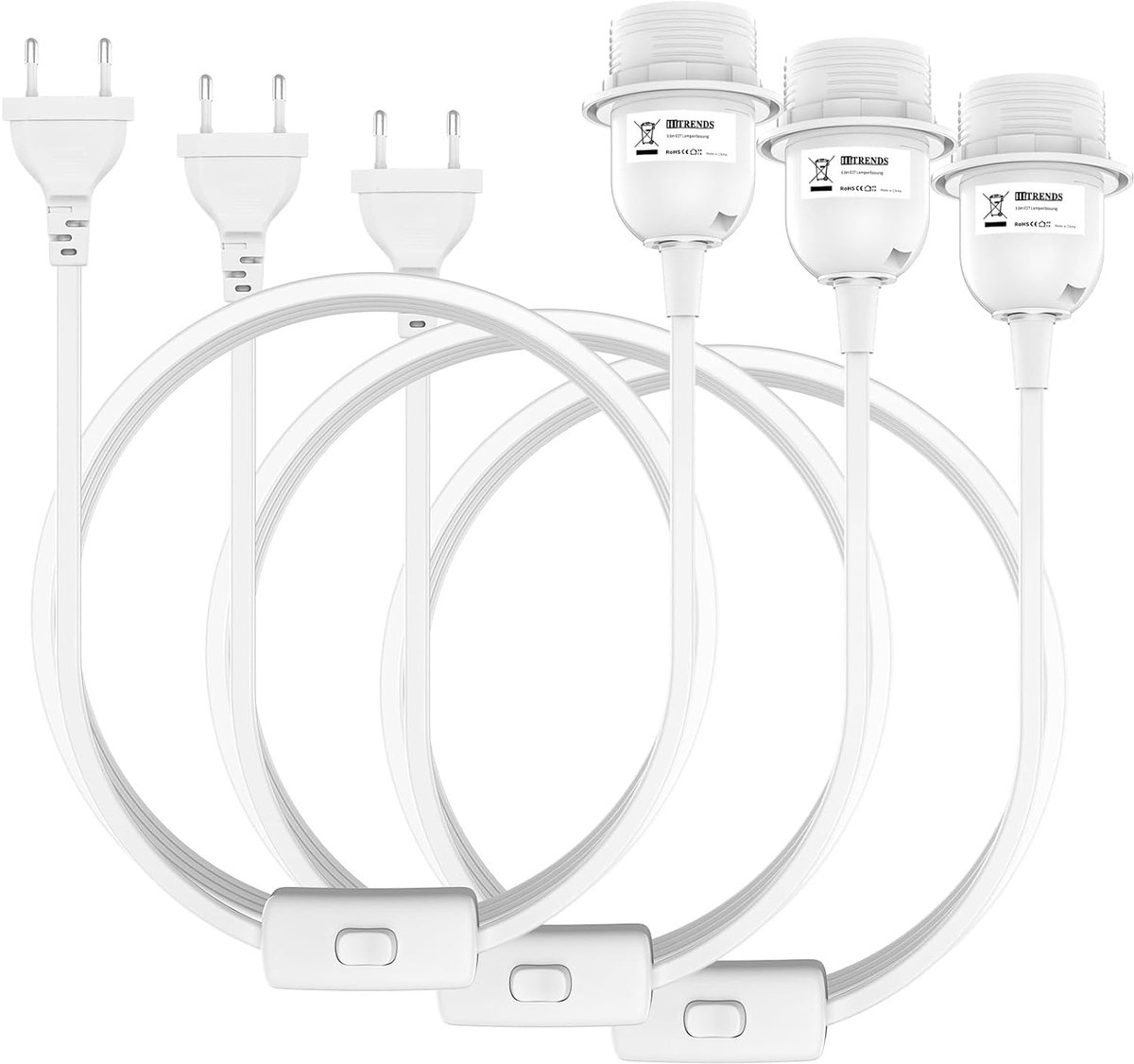 E27 lampenfitting met schakelaar - 3 m kabel - voor E26/E27 LED lamp - set van 3 - ShopVlot