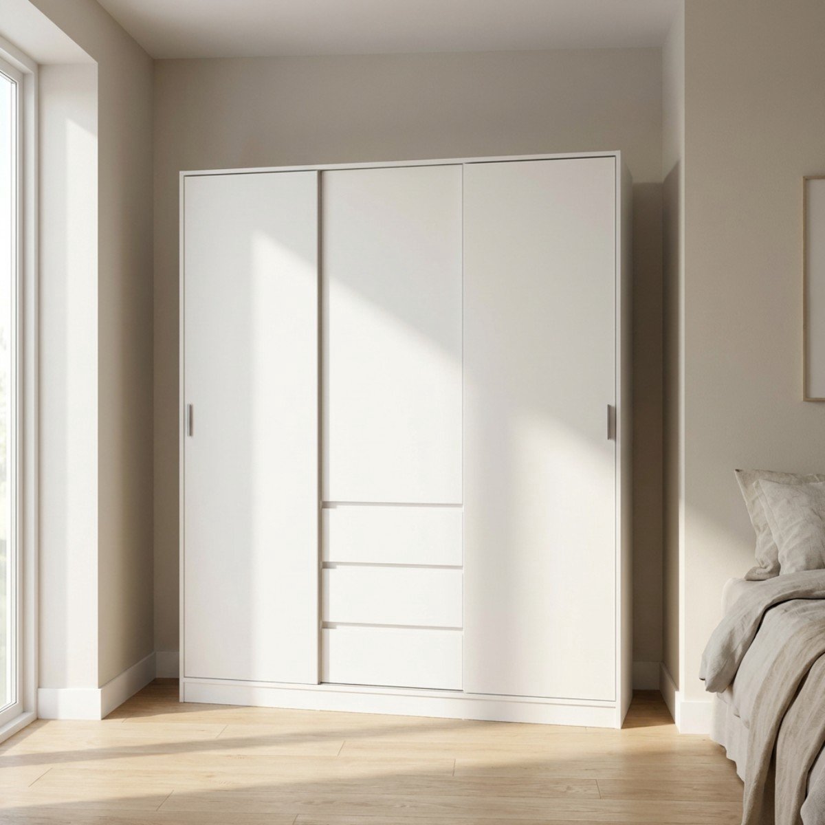 Kledingkast met Schuifdeur Wit - 3-deurs met 3 lades - MDF - 177x60x200cm