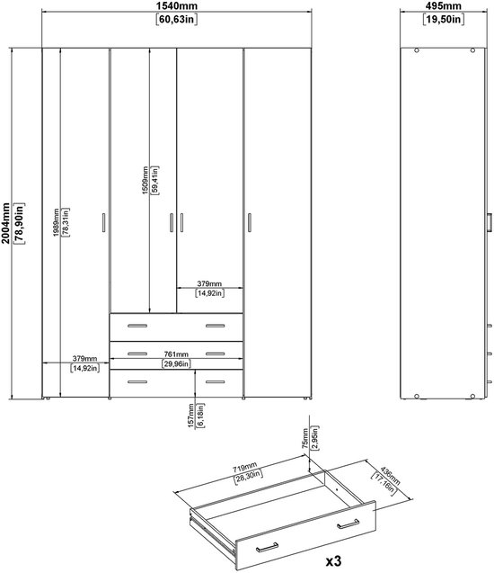 Technische tekening van een witte kledingkast met afmetingen.