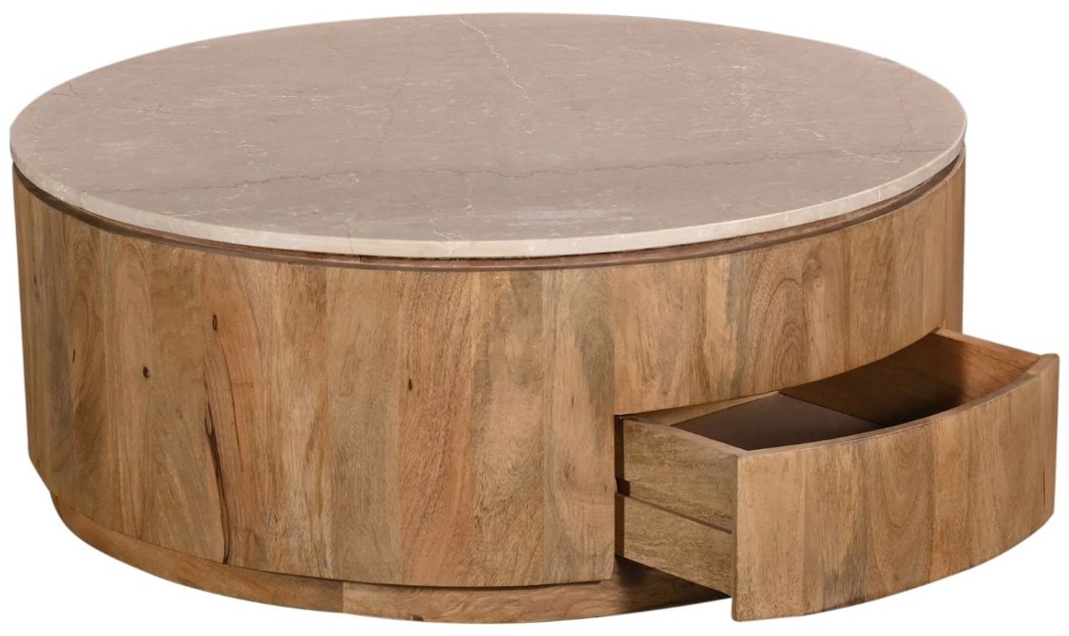 Giga Meubel Salontafel Elan Rond - Travertin - Naturel - 90x90x35cm - Incl. Lades