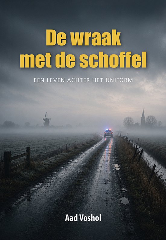 Boekomslag met de titel 'De wraak met de schoffel'. Een politieauto met zwaailichten op een mistig landweggetje.