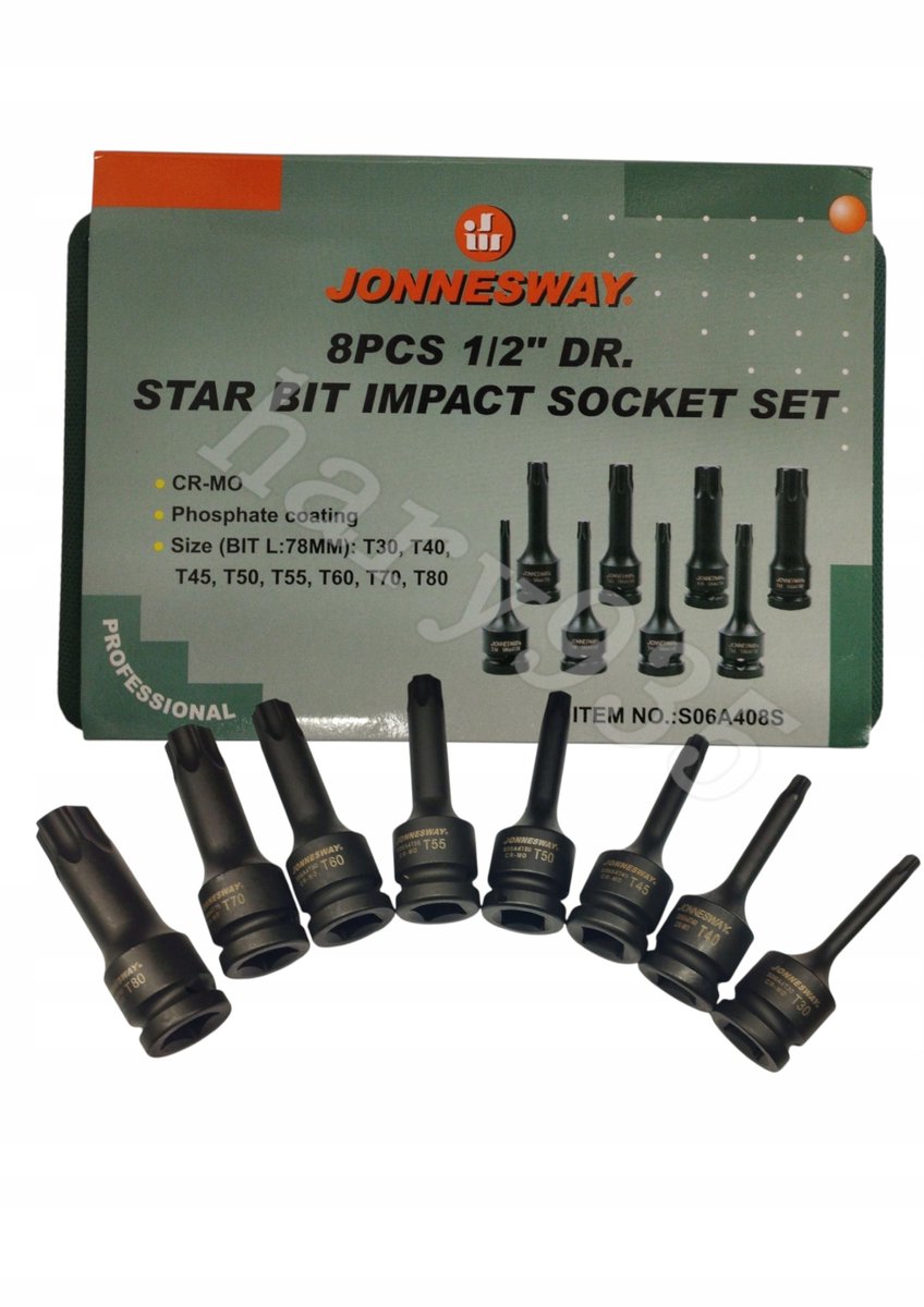 8-delige Torx slagdoppen set 1/2" T30-T80