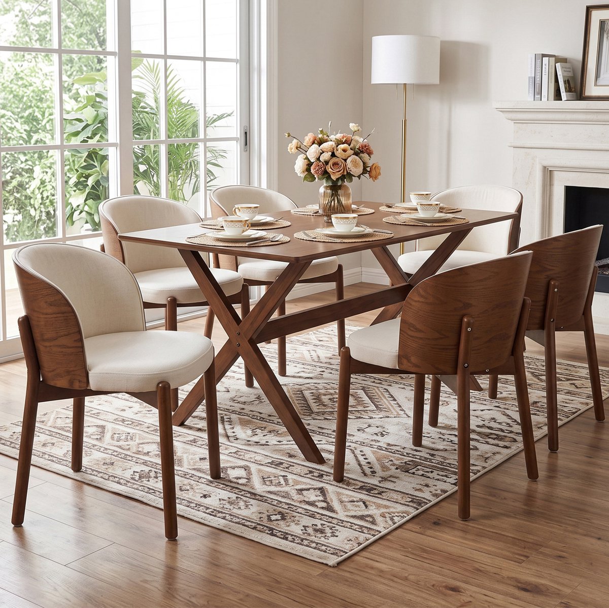 OKWISH Eetkamerstoel Set Van 4 74 X 57 X 49 Cm - Met Armleuningen, Ademend Linnen En Gebogen Rugleuning - Voor Eetkamer En Café - Hout - Walnoot