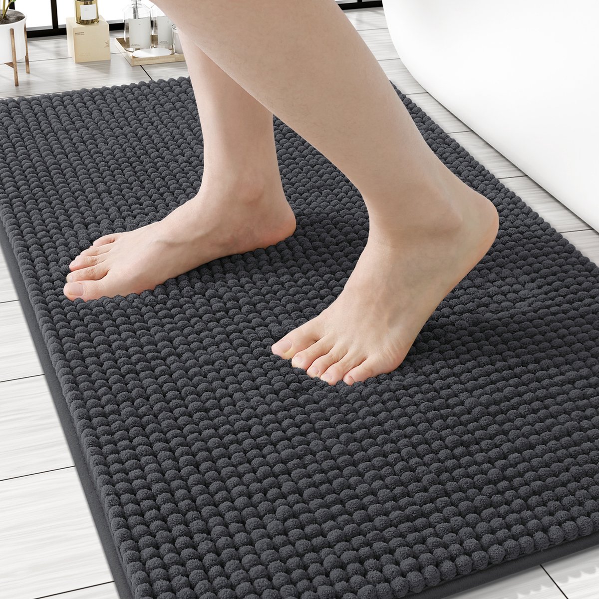 Olanly Badmat Antislip – Laag profiel Douchemat – Badmat Badkamer – Chenille Vloermat – Donkergrijs – 61X91cm