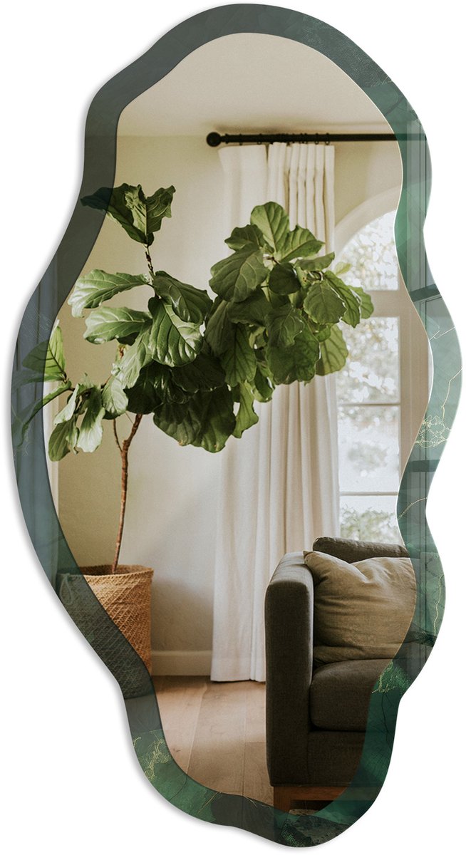 TULUP Groene Elegantie Spiegel - Groen Stijlvolle Wandspiegel - Organische Spiegel - Woonkamer, Kantoor, Slaapkamer - Klassiek - 45x90 cm - Totale afmeting 52x97 cm Groene Elegantie, Groen