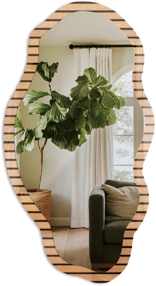 TULUP Beige Strepen Spiegel - Beige Elegante Rechthoekige Wandspiegel - Organische Spiegel - Woonkamer, Kantoor, Slaapkamer - Minimalistisch - 45x90 cm - Totale afmeting 52x97 cm Beige Strepen, Beige