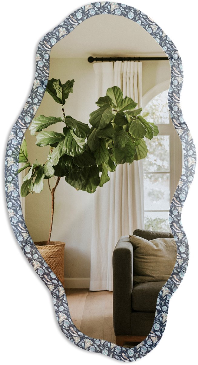 TULUP Plantenpatroon Spiegel - Blauw Elegante Rechthoekige Wandspiegel - Organische Spiegel - Slaapkamer, Badkamer, Woonkamer - Modern - 45x90 cm - Totale afmeting 52x97 cm Plantenpatroon, Blauw