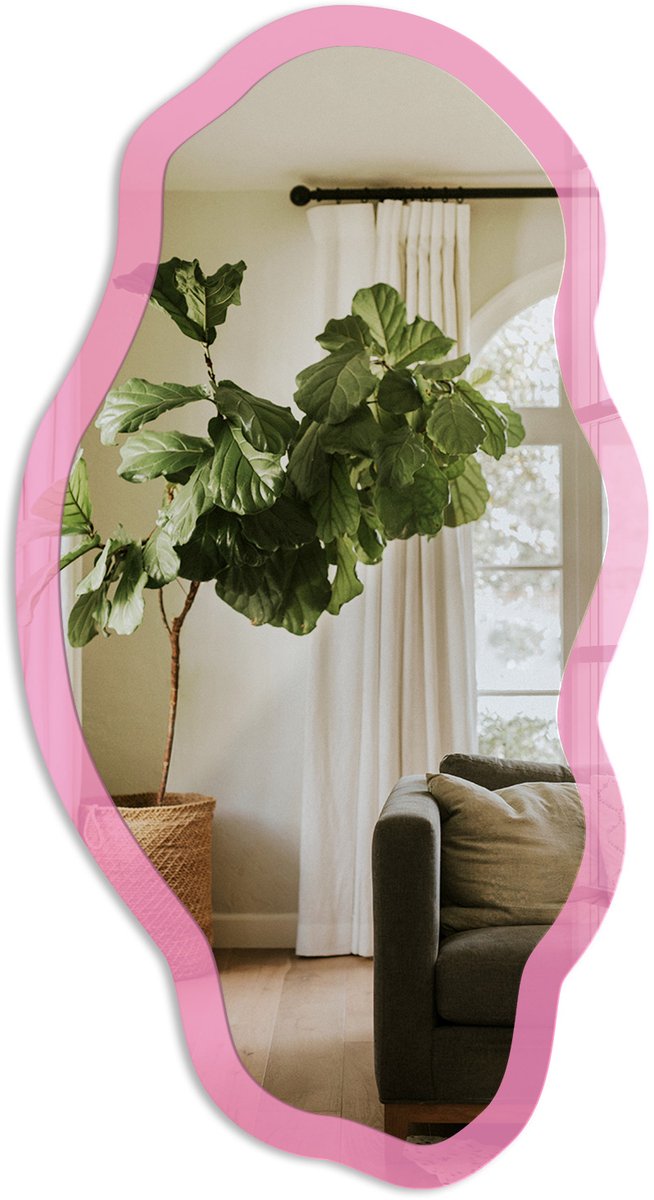 TULUP Koel Roze Spiegel - Roze Stijlvolle Wandspiegel - Organische Spiegel - Slaapkamer, Badkamer, Woonkamer - Minimalistisch - 45x90 cm - Totale afmeting 52x97 cm Koelroze, Roze