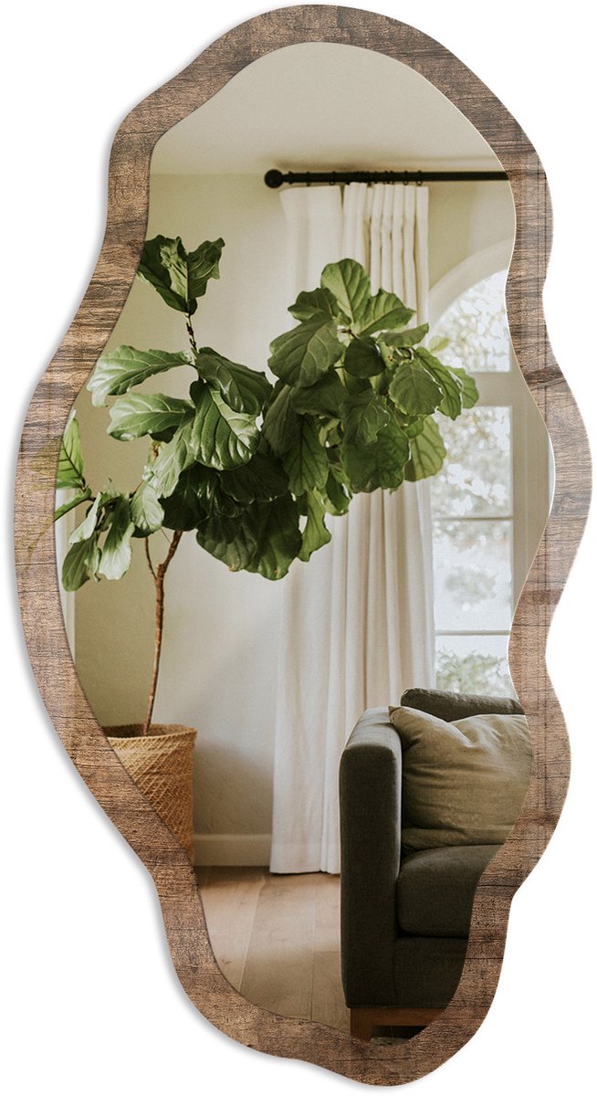 TULUP Houtstructuur Spiegel - Bruin Elegante Rechthoekige Wandspiegel - Organische Spiegel - Woonkamer, Kantoor, Slaapkamer - Rustiek - 45x90 cm - Totale afmeting 52x97 cm