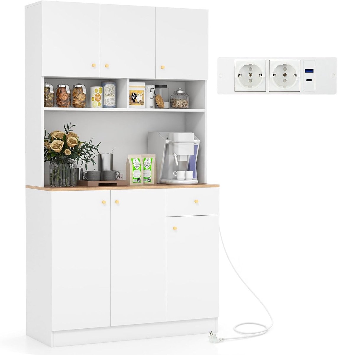 COSTWAY Keukenkast van hout, buffetkast met stopcontacten en USB-poorten, hoge kast voor keuken met verstelbare planken, opbergkast voor keuken, eetkamer, woonkamer, 100 x 40 x 181 cm, wit